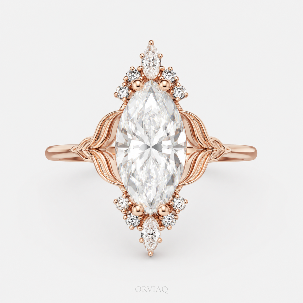 3 CT Marquise Cut Lab-Grown Diamond Nature Inspired Engagement Ring in Solid Gold | Vintage Floral Leaf Ring | IGI Certified
