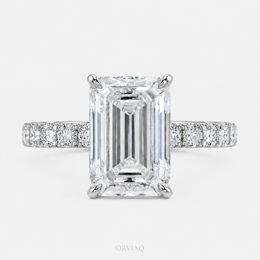 4.5 CT Emerald Cut Lab-Grown Diamond Engagement Ring in Pave Band | IGI Certified | 10K, 14K, 18K Gold