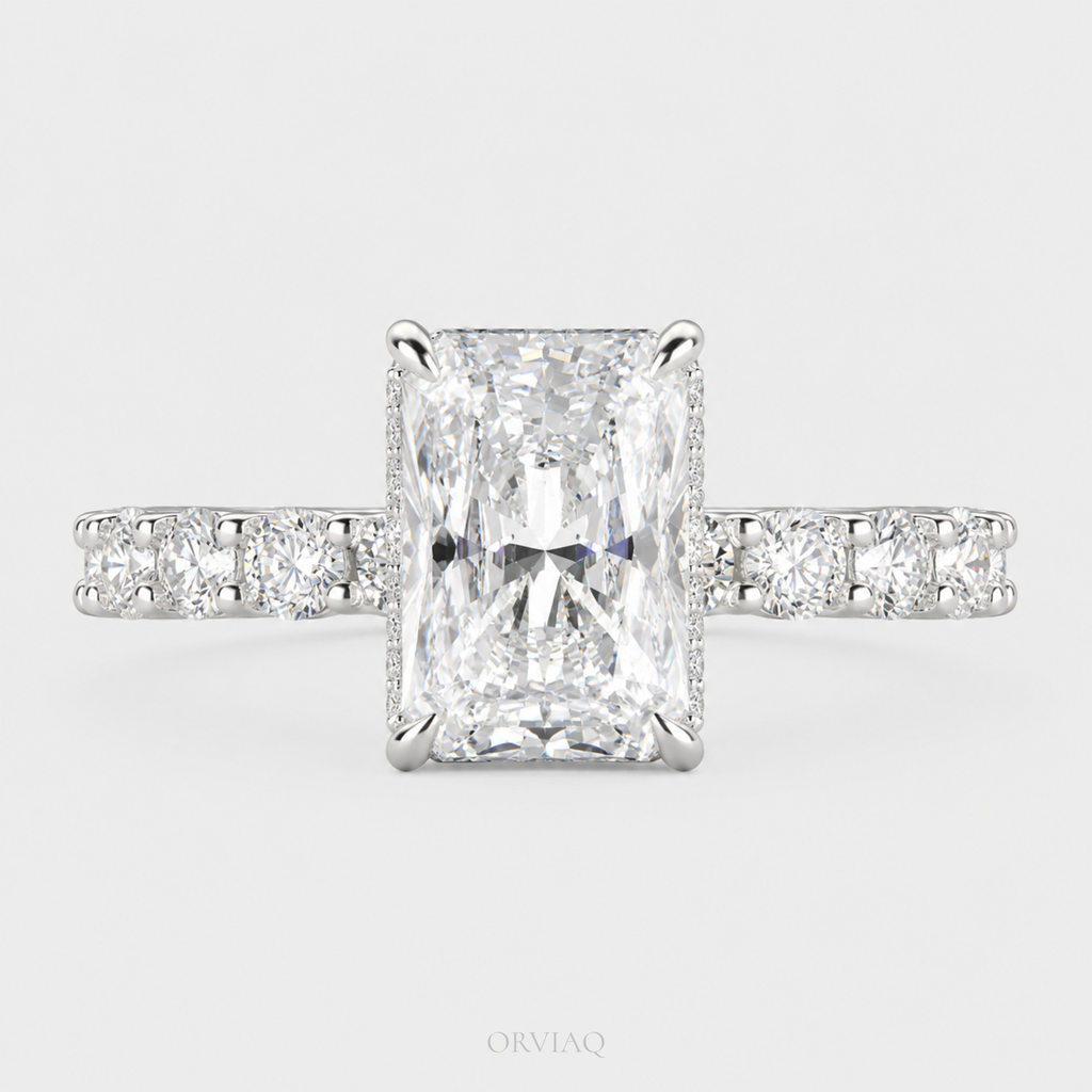 3 CT Radiant Cut Lab-Grown Diamond Halo Engagement Ring in 14K Gold | Hidden Halo Pave Band | IGI Certified