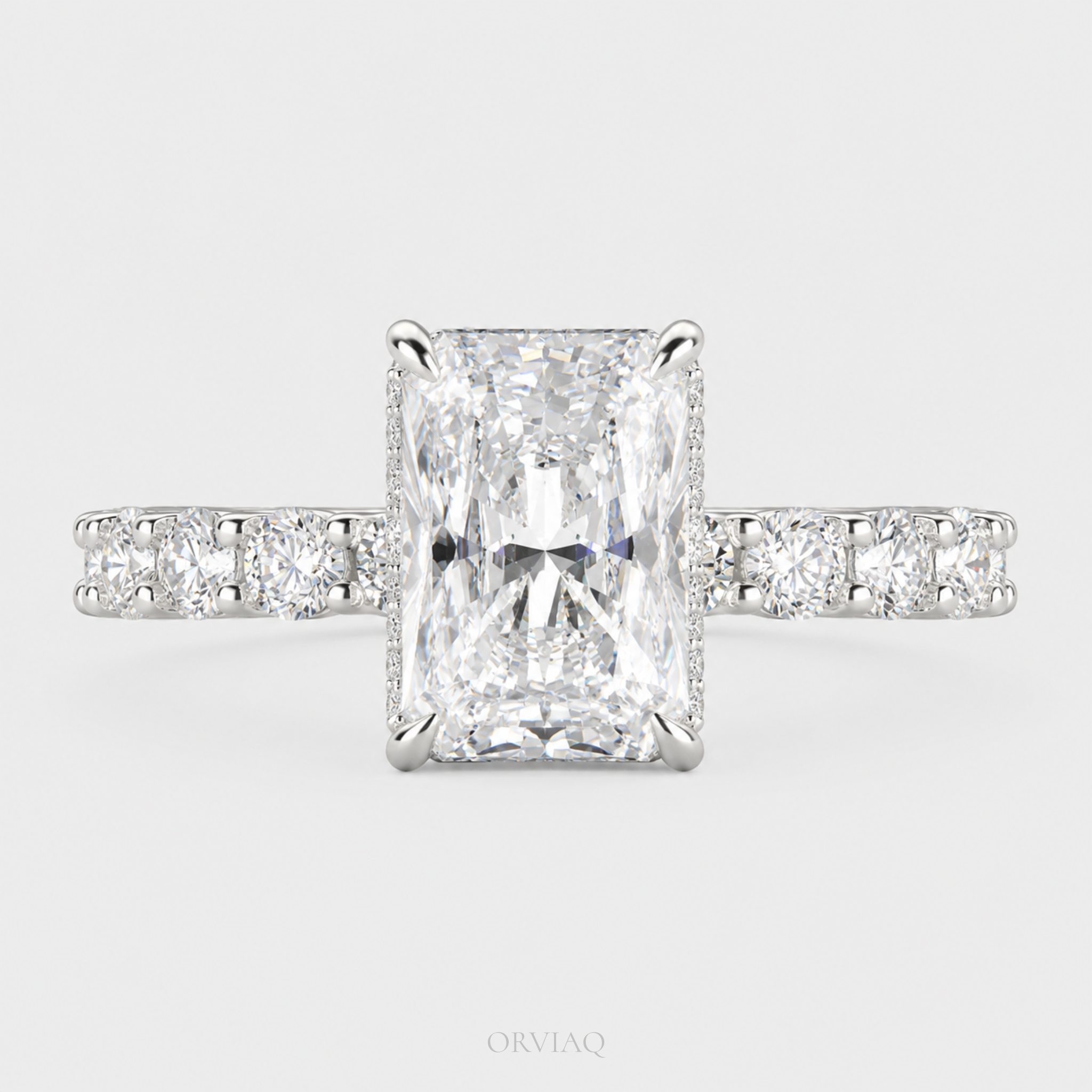 3 CT Radiant Cut Lab-Grown Diamond Halo Engagement Ring in 14K Gold | Hidden Halo Pave Band | IGI Certified