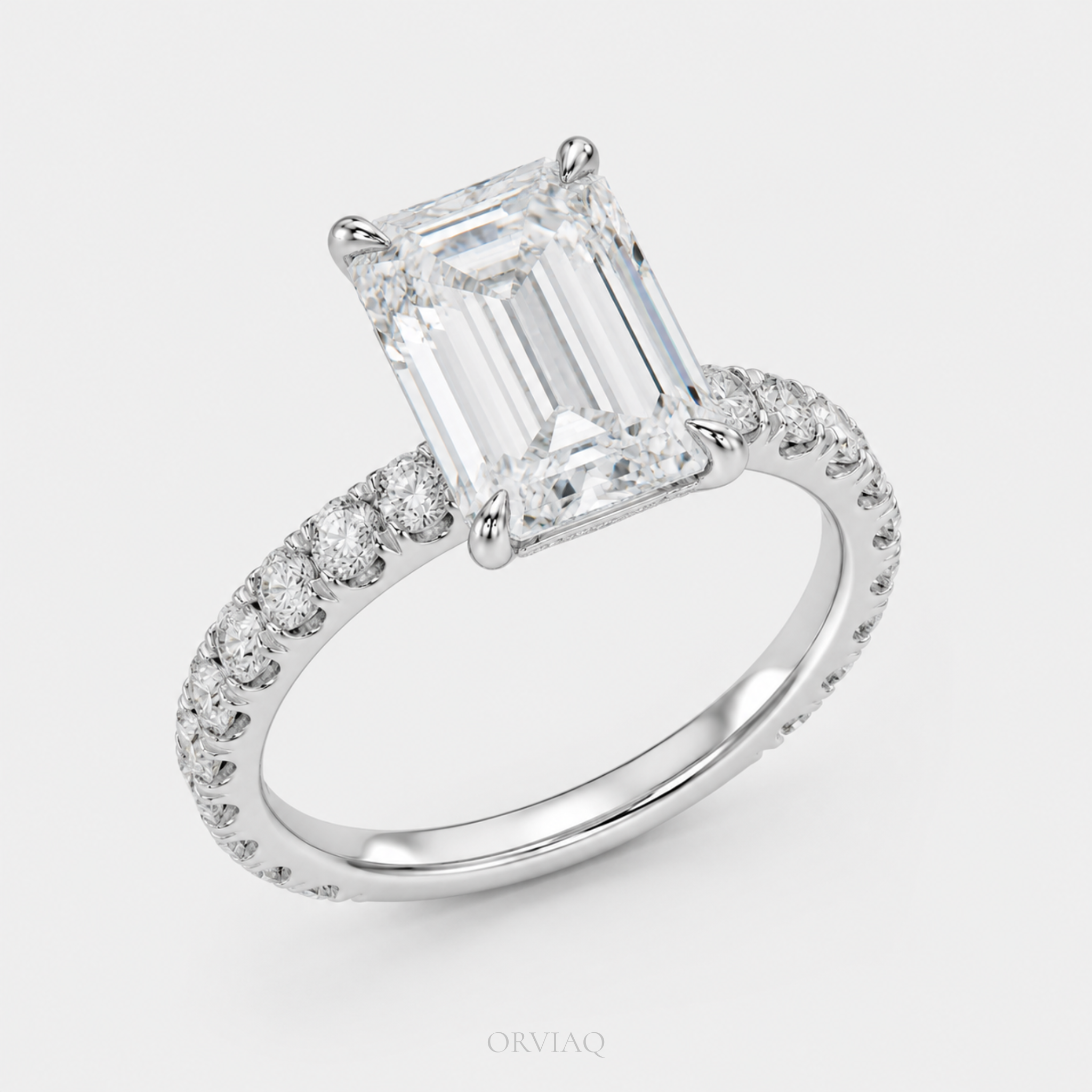 4.5 CT Emerald Cut Lab-Grown Diamond Engagement Ring in Pave Band | IGI Certified | 10K, 14K, 18K Gold
