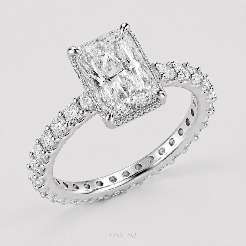 3 CT Radiant Cut Lab-Grown Diamond Halo Engagement Ring in 14K Gold | Hidden Halo Pave Band | IGI Certified