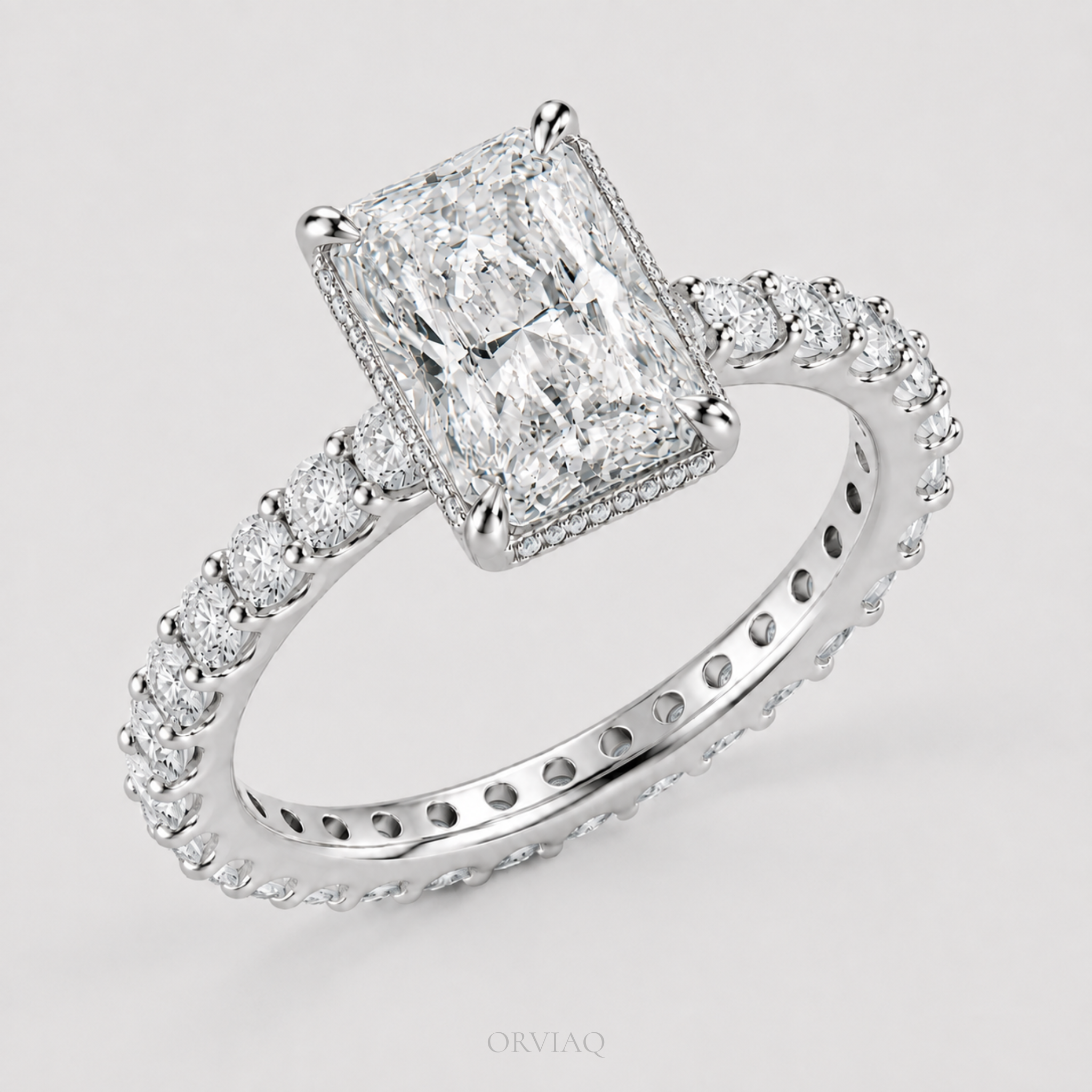 3 CT Radiant Cut Lab-Grown Diamond Halo Engagement Ring in 14K Gold | Hidden Halo Pave Band | IGI Certified