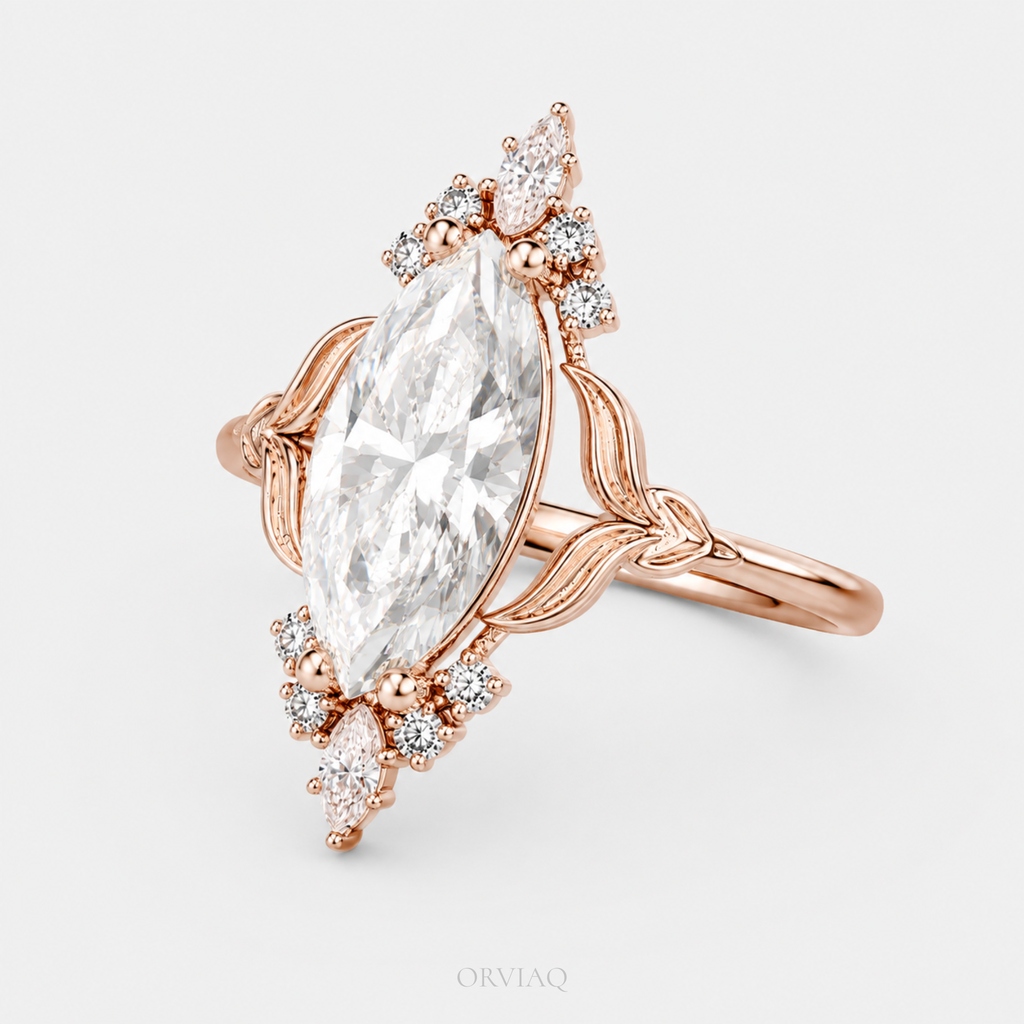 3 CT Marquise Cut Lab-Grown Diamond Nature Inspired Engagement Ring in Solid Gold | Vintage Floral Leaf Ring | IGI Certified