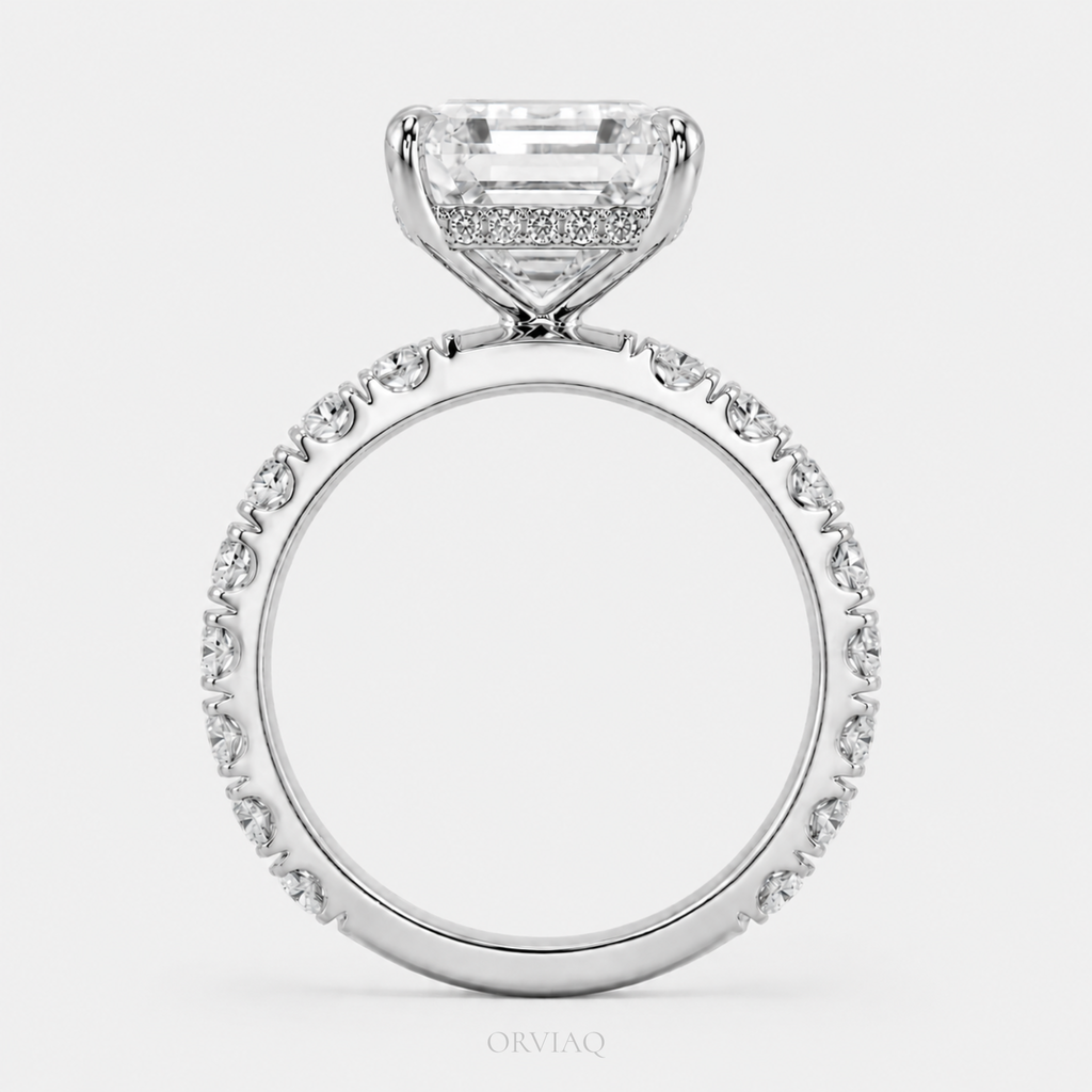 4.5 CT Emerald Cut Lab-Grown Diamond Engagement Ring in Pave Band | IGI Certified | 10K, 14K, 18K Gold