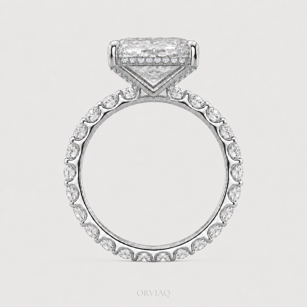 3 CT Radiant Cut Lab-Grown Diamond Halo Engagement Ring in 14K Gold | Hidden Halo Pave Band | IGI Certified